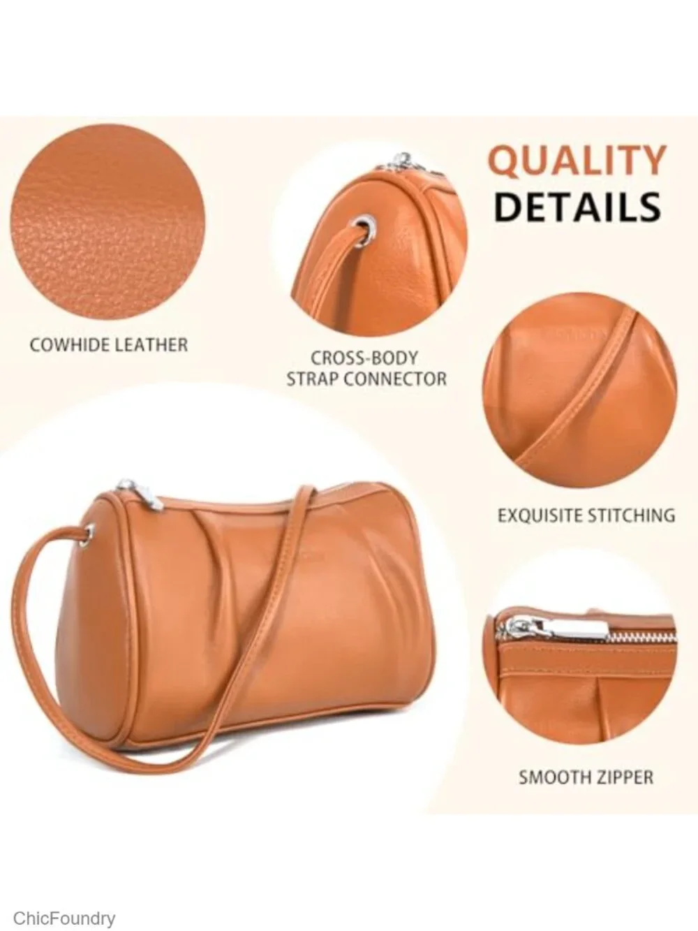 Genuine Leather Small Crossbody Barrel Hobo Purse with Adjustable Strap